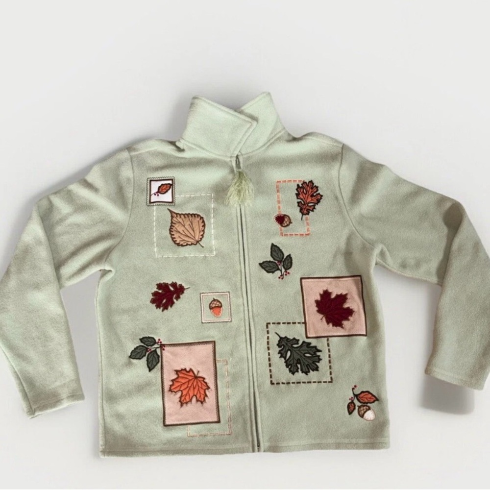 Embroidered Leaf Design Zip-Up Jacket